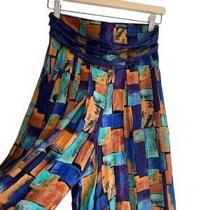 Vintage wild print high waist elastic crop gaucho pleated pants Sz 6 boho hippie